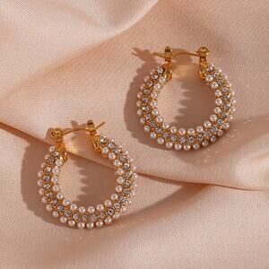 Zircon & Imitation Pearl Hoop Earrings 18K Gold Plated‎ Stainless Steel